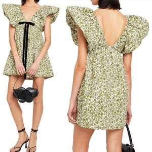 O.P.T. Didi Green Floral Print Cotton Dress w/ Puff Sleeves & Bow on Front SMALL